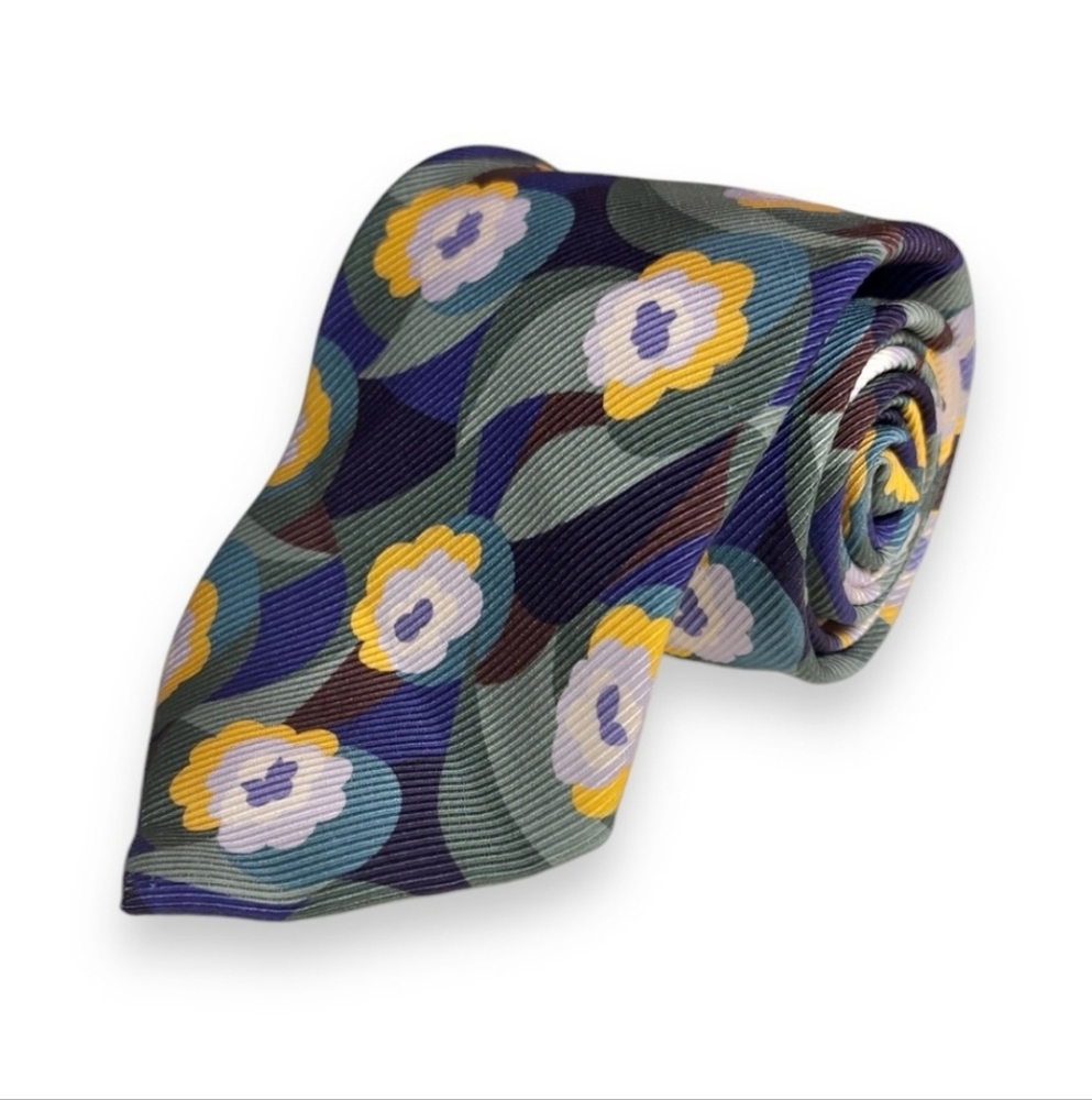 YSL Rive Gauche Purple Yellow Floral Ribbed Silk Tie
